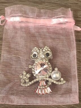 Crystal Owl Brooch with Pink Center and Pearl Accent - Women's Jewelry
